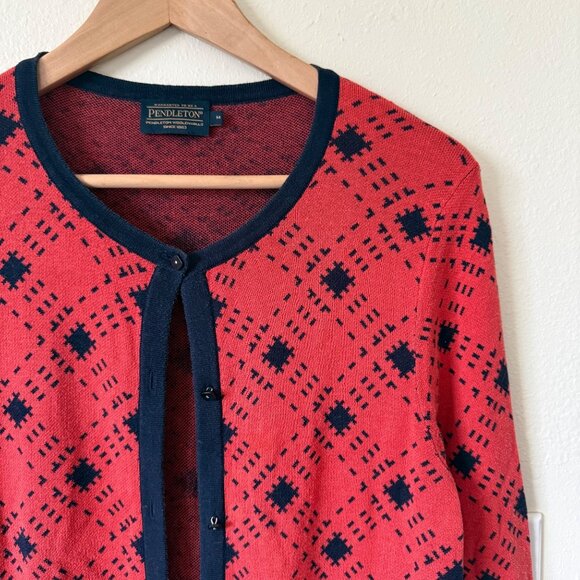 Pendleton Womens Red & Navy Diamond Pattern Cardigan Sweater M - Picture 2 of 6